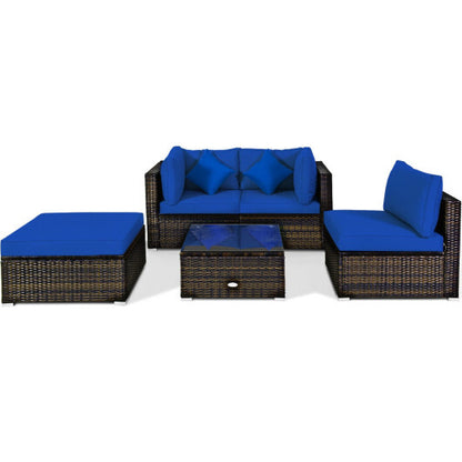 5 Pcs Outdoor Patio Rattan Furniture Set Sectional Conversation with Navy Cushions-Navy - Color: Navy