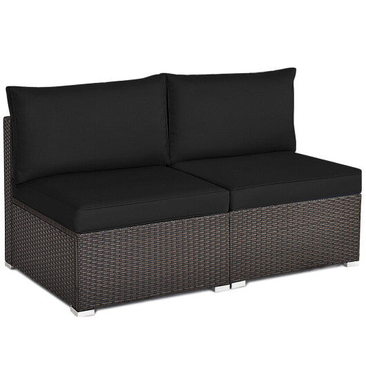 2 Pieces Patio Rattan Armless Sofa Set with 2 Cushions and 2 Pillows-Black - Color: Black