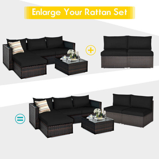 2 Pieces Patio Rattan Armless Sofa Set with 2 Cushions and 2 Pillows-Black - Color: Black