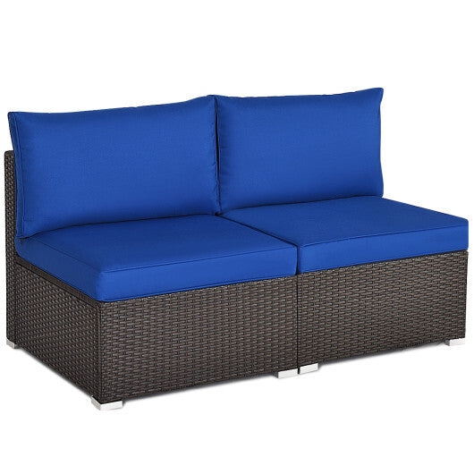 2 Pieces Patio Rattan Armless Sofa Set with 2 Cushions and 2 Pillows-Navy - Color: Navy