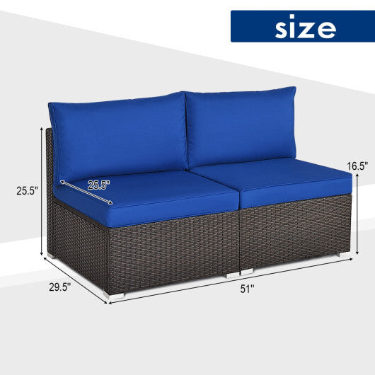 2 Pieces Patio Rattan Armless Sofa Set with 2 Cushions and 2 Pillows-Navy - Color: Navy