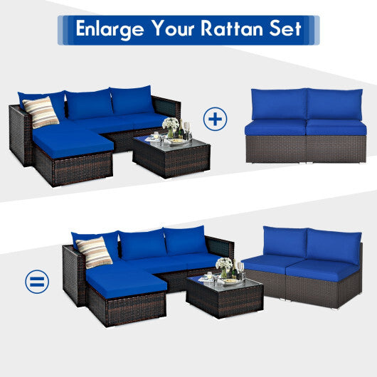 2 Pieces Patio Rattan Armless Sofa Set with 2 Cushions and 2 Pillows-Navy - Color: Navy