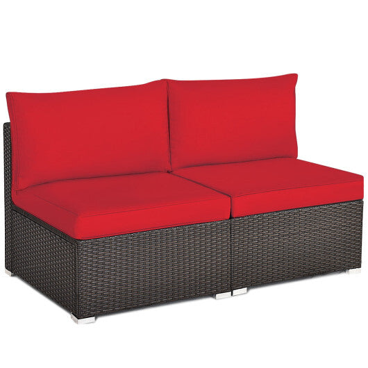 2 Pieces Patio Rattan Armless Sofa Set with 2 Cushions and 2 Pillows-Red - Color: Red