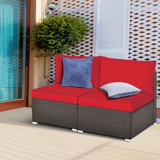 2 Pieces Patio Rattan Armless Sofa Set with 2 Cushions and 2 Pillows-Red - Color: Red