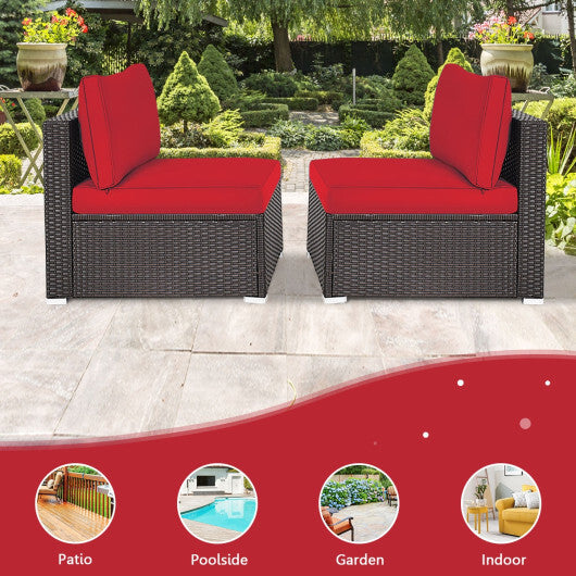 2 Pieces Patio Rattan Armless Sofa Set with 2 Cushions and 2 Pillows-Red - Color: Red