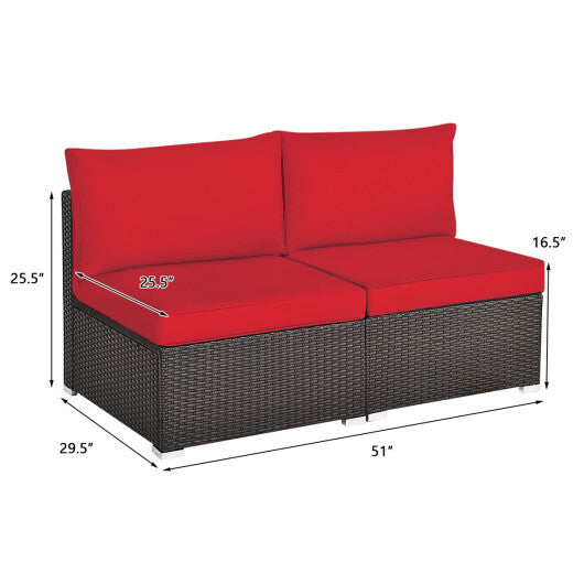 2 Pieces Patio Rattan Armless Sofa Set with 2 Cushions and 2 Pillows-Red - Color: Red