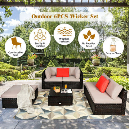 6 Pieces Outdoor Patio Rattan Furniture Set Sofa Ottoman - Color: Beige