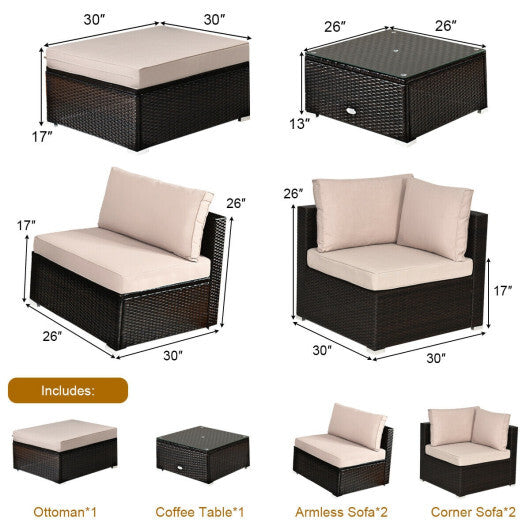 6 Pieces Outdoor Patio Rattan Furniture Set Sofa Ottoman - Color: Beige