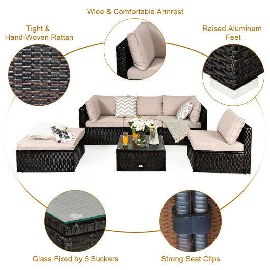 6 Pieces Outdoor Patio Rattan Furniture Set Sofa Ottoman - Color: Beige