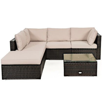 6 Pieces Outdoor Patio Rattan Furniture Set Sofa Ottoman - Color: Beige