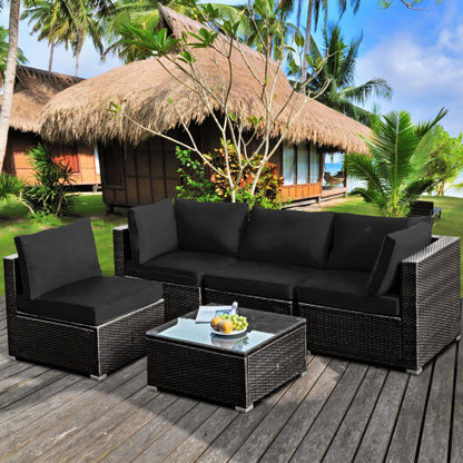 5 Pieces Cushioned Patio Rattan Furniture Set with Glass Table-Black - Color: Black