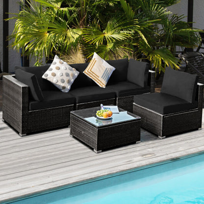 5 Pieces Cushioned Patio Rattan Furniture Set with Glass Table-Black - Color: Black