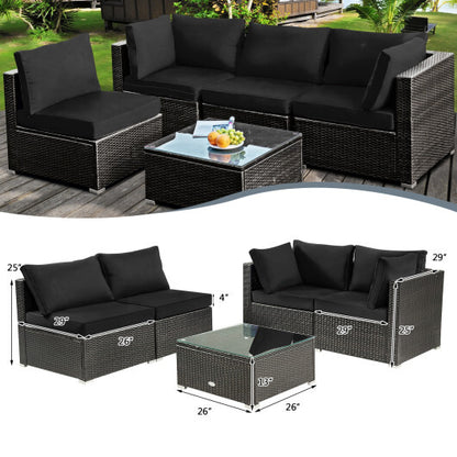 5 Pieces Cushioned Patio Rattan Furniture Set with Glass Table-Black - Color: Black