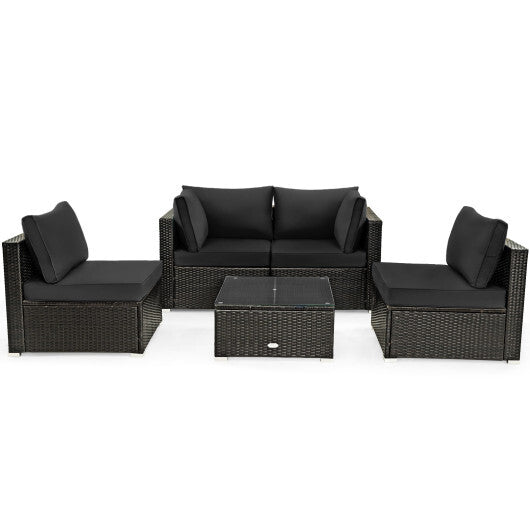 5 Pieces Cushioned Patio Rattan Furniture Set with Glass Table-Black - Color: Black