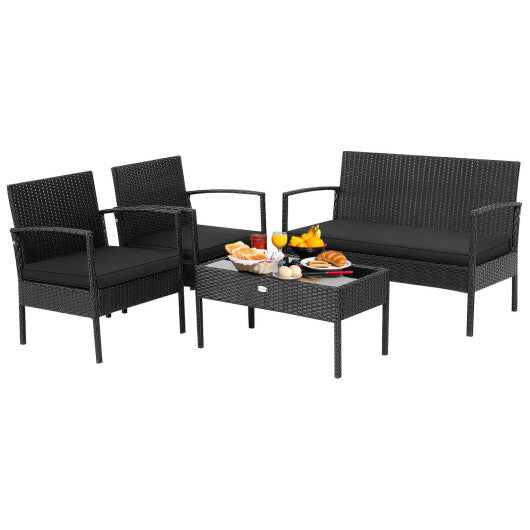 4 Pieces Patio Rattan Furniture Set with Cushion - Color: Black