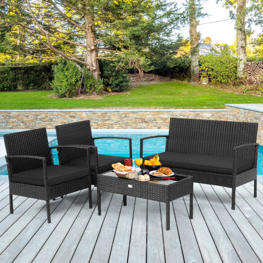 4 Pieces Patio Rattan Furniture Set with Cushion - Color: Black