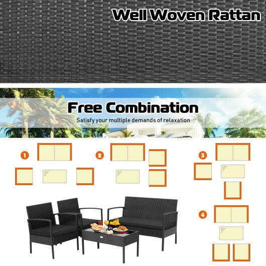 4 Pieces Patio Rattan Furniture Set with Cushion - Color: Black