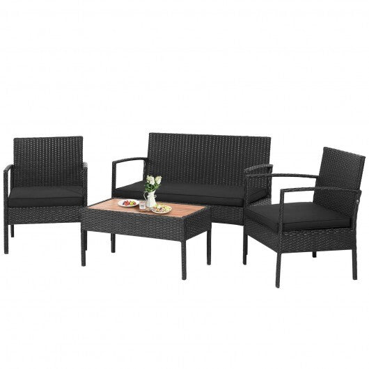 4 Pieces Patio Rattan Cushioned Furniture Set with Wooden Tabletop - Color: Black