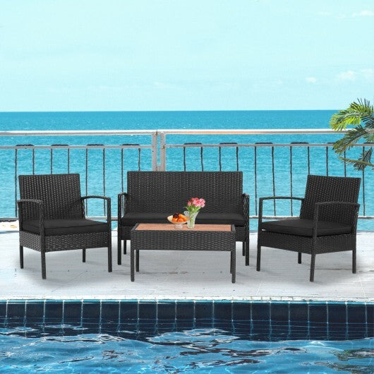 4 Pieces Patio Rattan Cushioned Furniture Set with Wooden Tabletop - Color: Black