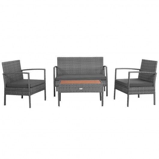 4 Pieces Rattan Patio Conversation Furniture Set with Acacia Wood Tabletop - Color: Gray