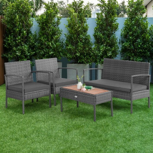 4 Pieces Rattan Patio Conversation Furniture Set with Acacia Wood Tabletop - Color: Gray