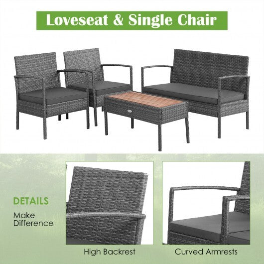 4 Pieces Rattan Patio Conversation Furniture Set with Acacia Wood Tabletop - Color: Gray