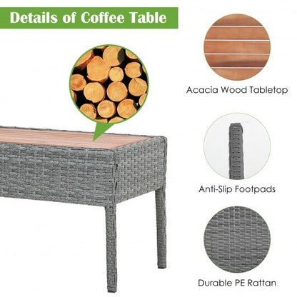 4 Pieces Rattan Patio Conversation Furniture Set with Acacia Wood Tabletop - Color: Gray