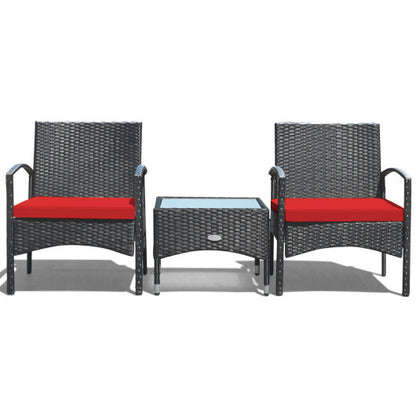 3 Pieces Patio Wicker Rattan Furniture Set with Cushion for Lawn Backyard-Red - Color: Red