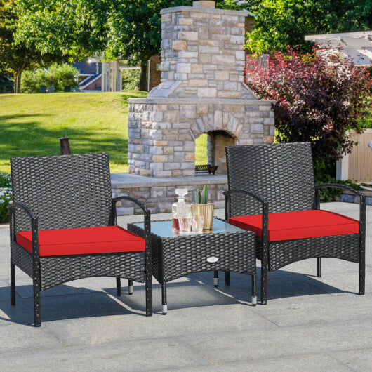 3 Pieces Patio Wicker Rattan Furniture Set with Cushion for Lawn Backyard-Red - Color: Red