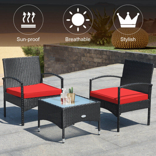 3 Pieces Patio Wicker Rattan Furniture Set with Cushion for Lawn Backyard-Red - Color: Red