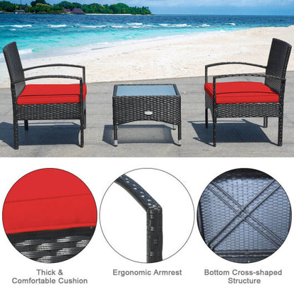 3 Pieces Patio Wicker Rattan Furniture Set with Cushion for Lawn Backyard-Red - Color: Red