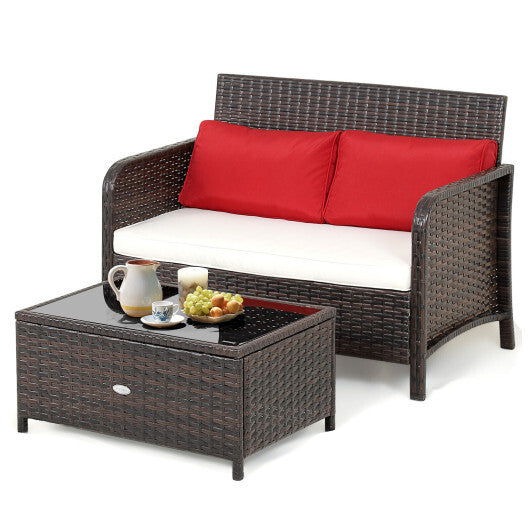 2 Pieces Wicker Loveseat Set with Coffee Table - Color: Brown