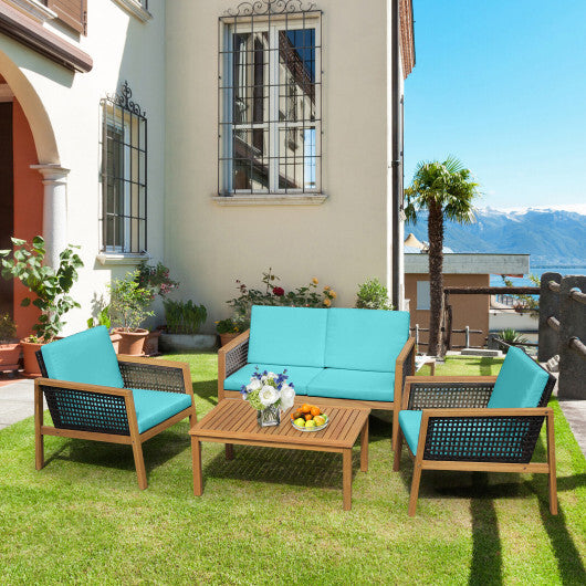 4 Pieces Patio Rattan Furniture Set with Removable Cushions-Turquoise - Color: Turquoise