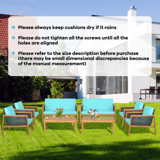 4 Pieces Patio Rattan Furniture Set with Removable Cushions-Turquoise - Color: Turquoise