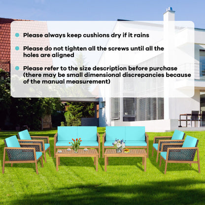 4 Pieces Patio Rattan Furniture Set with Removable Cushions-Turquoise - Color: Turquoise