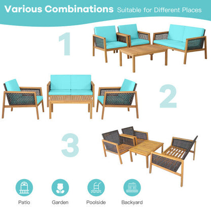 4 Pieces Patio Rattan Furniture Set with Removable Cushions-Turquoise - Color: Turquoise