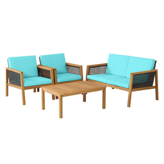 4 Pieces Patio Rattan Furniture Set with Removable Cushions-Turquoise - Color: Turquoise