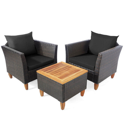 3 Pieces Patio Rattan Bistro Furniture Set with Wooden Table Top-Black - Color: Black