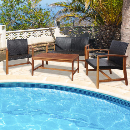 4 Pieces PE Rattan Patio Furniture Set with Solid Acacia Wood - Color: Gray