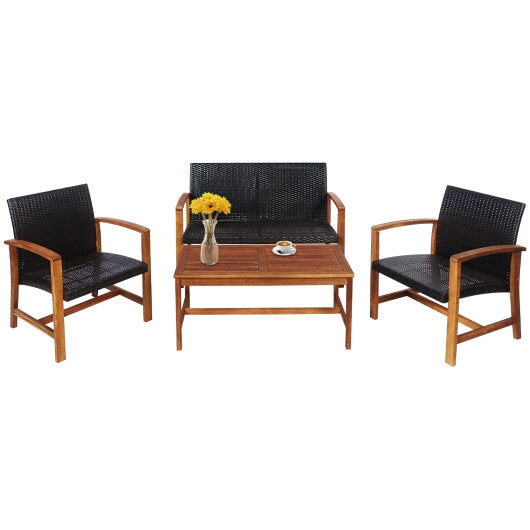 4 Pieces PE Rattan Patio Furniture Set with Solid Acacia Wood - Color: Gray