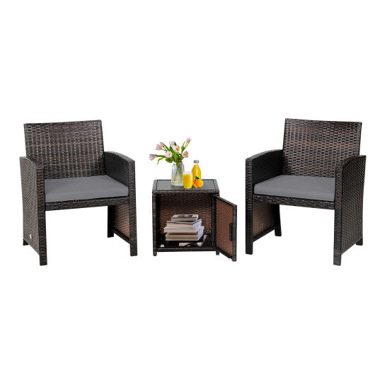 3 Pieces Patio Wicker Furniture Set with Storage Table and Protective Cover-Gray - Color: Gray