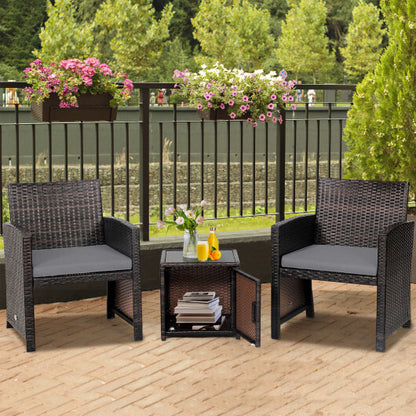 3 Pieces Patio Wicker Furniture Set with Storage Table and Protective Cover-Gray - Color: Gray