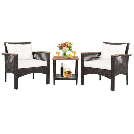 3 Pieces Patio Rattan Furniture Set with Acacia Wood Tabletop - Color: Off White