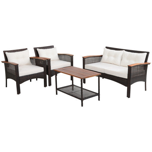 4 Pieces Patio Rattan Acacia Wood Furniture Set with Cushions and Armrest - Color: Espresso