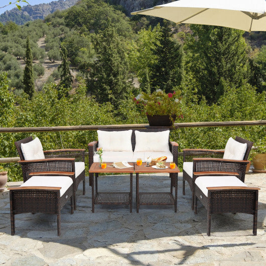 7 Pieces Patio Rattan Cushioned Conversation Furniture Set - Color: Beige