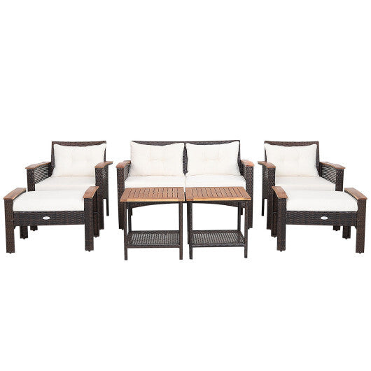 7 Pieces Patio Rattan Cushioned Conversation Furniture Set - Color: Beige