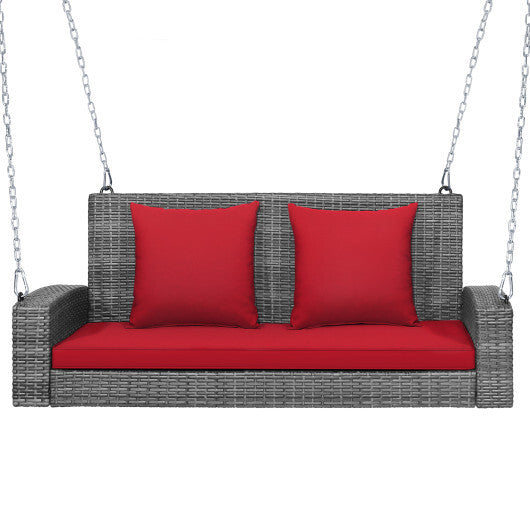 2-Person Patio PE Wicker Hanging Porch Swing Bench Chair Cushion 800 Pounds-Red - Color: Red