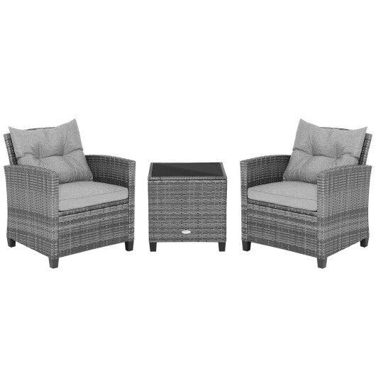 3 Pieces Outdoor Wicker Conversation Set with Tempered Glass Tabletop-Gray - Color: Gray