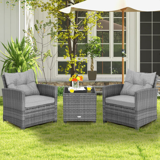 3 Pieces Outdoor Wicker Conversation Set with Tempered Glass Tabletop-Gray - Color: Gray