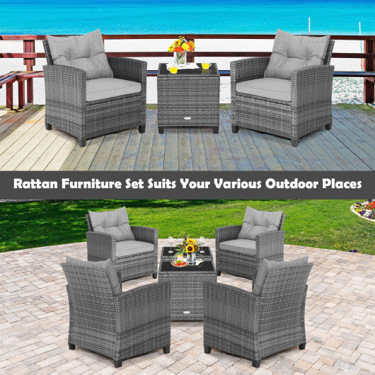 3 Pieces Outdoor Wicker Conversation Set with Tempered Glass Tabletop-Gray - Color: Gray